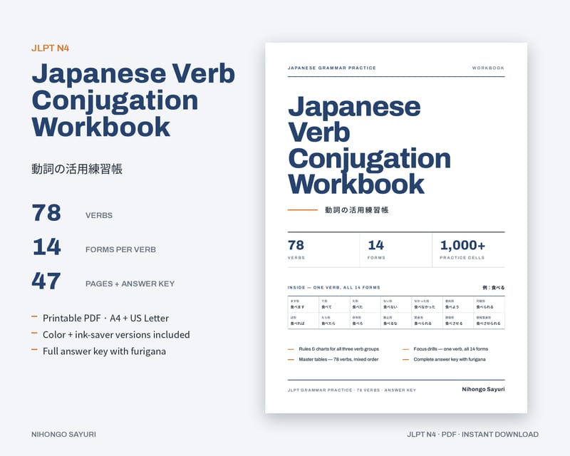 Japanese Verb Conjugation Workbook — JLPT N4 (PDF)